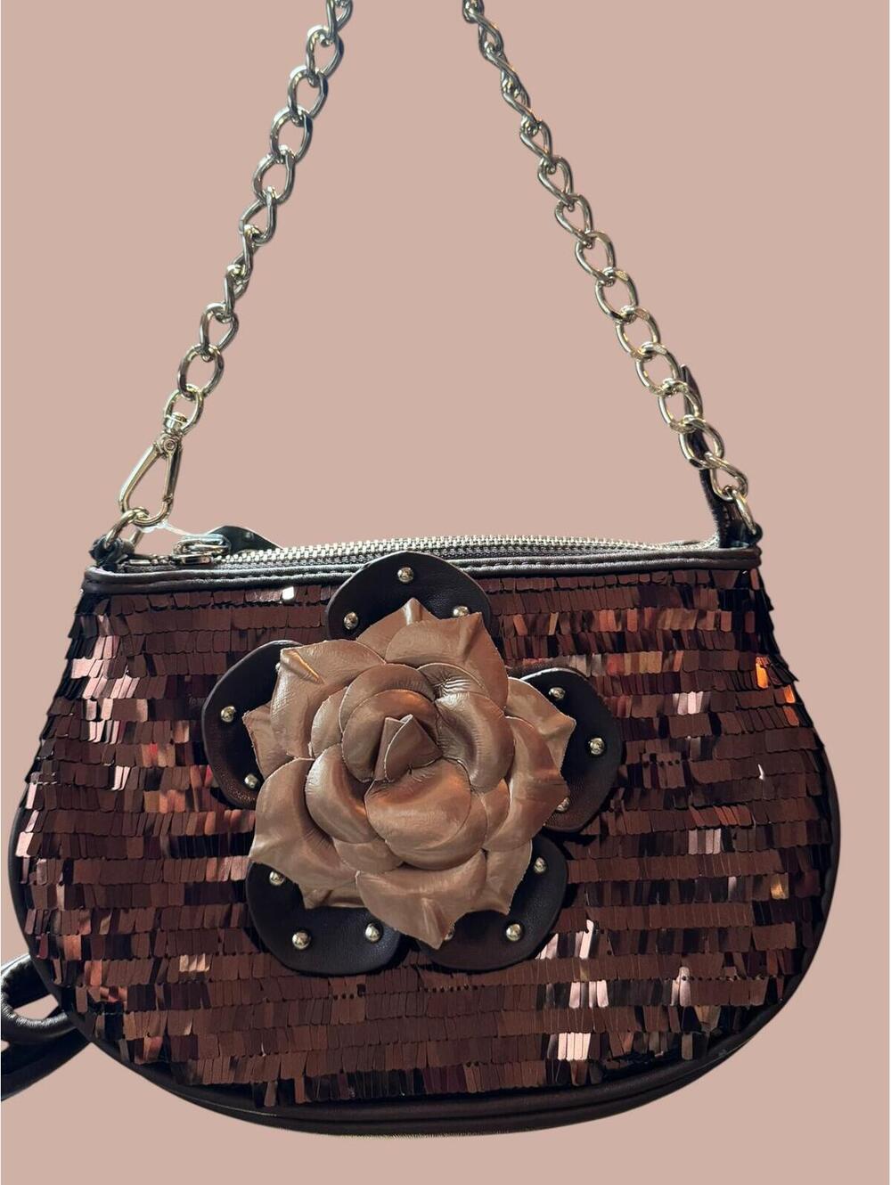 Sharif Brown Sequin Flower Embellished Chain Shoulder Bag